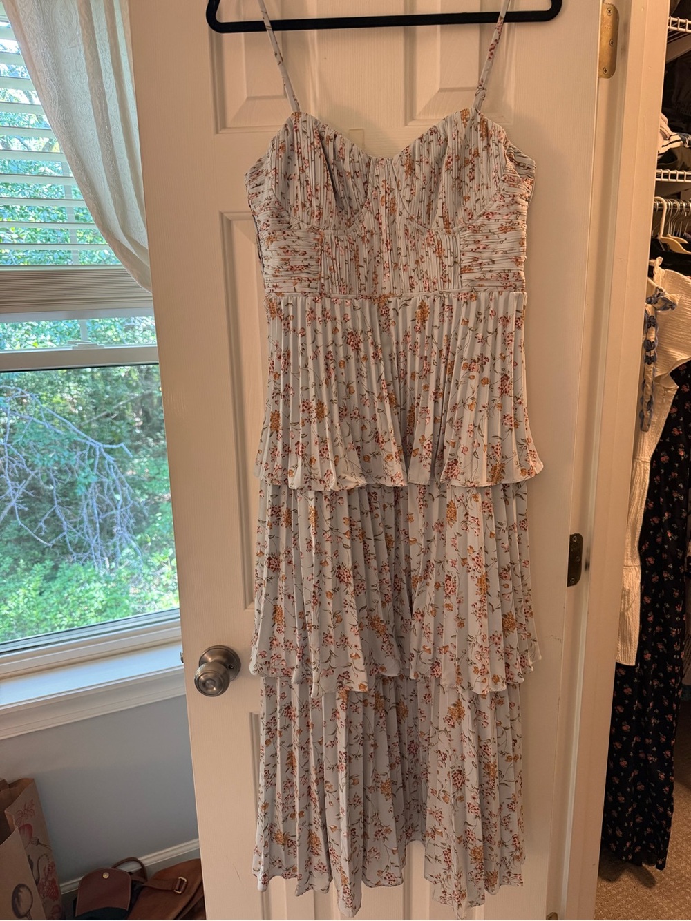 Lulu's White Floral Tiered Midi Dress with Pink & Tan Flowers